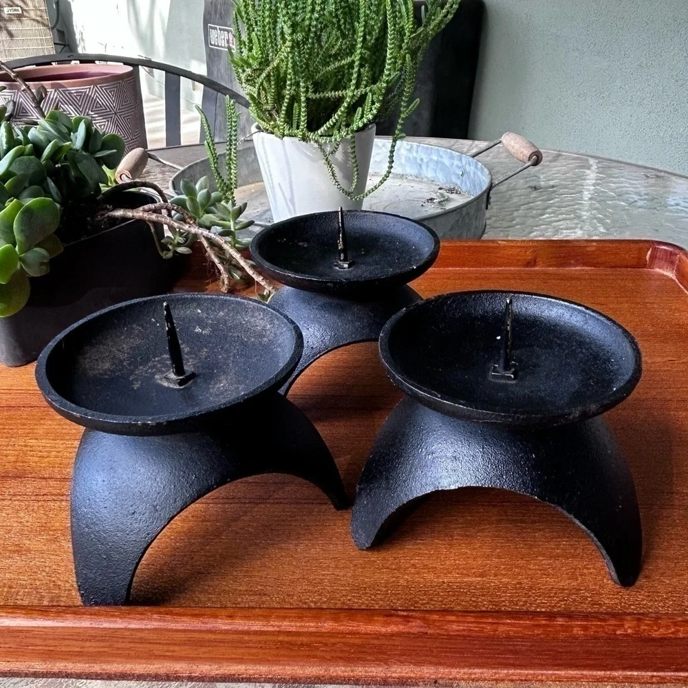 Mid Century Black Cast Iron Tripod Candle Holders Set of 3